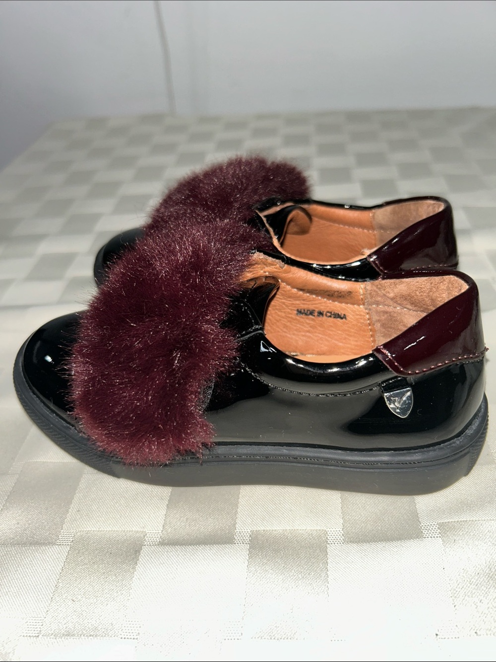Venettini Black Patent Loafers with Burgundy Faux Fur Velcro Strap